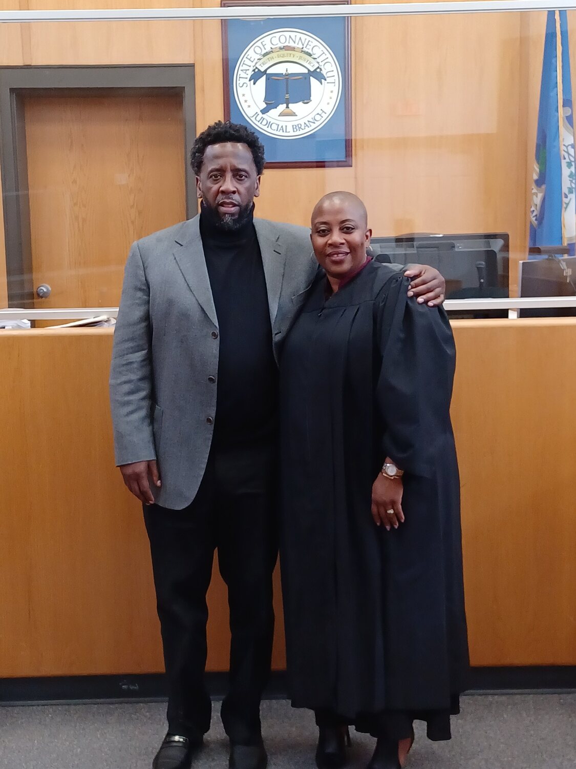 Edward Andrews with the Honorable Judge Tindill in a Connecticut courtroom