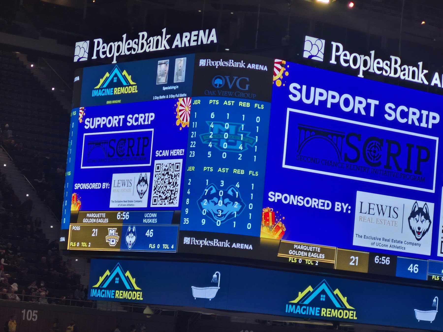 People’s Bank Arena scoreboard displaying Support SCRIP during a UConn basketball game